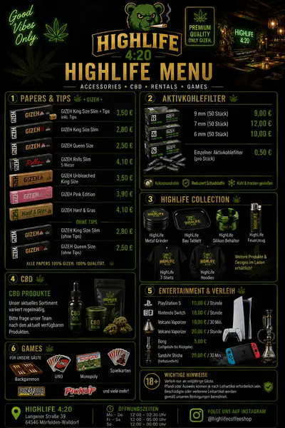 HIGHLIFE Menü — Accessories, CBD, Rentals & Games